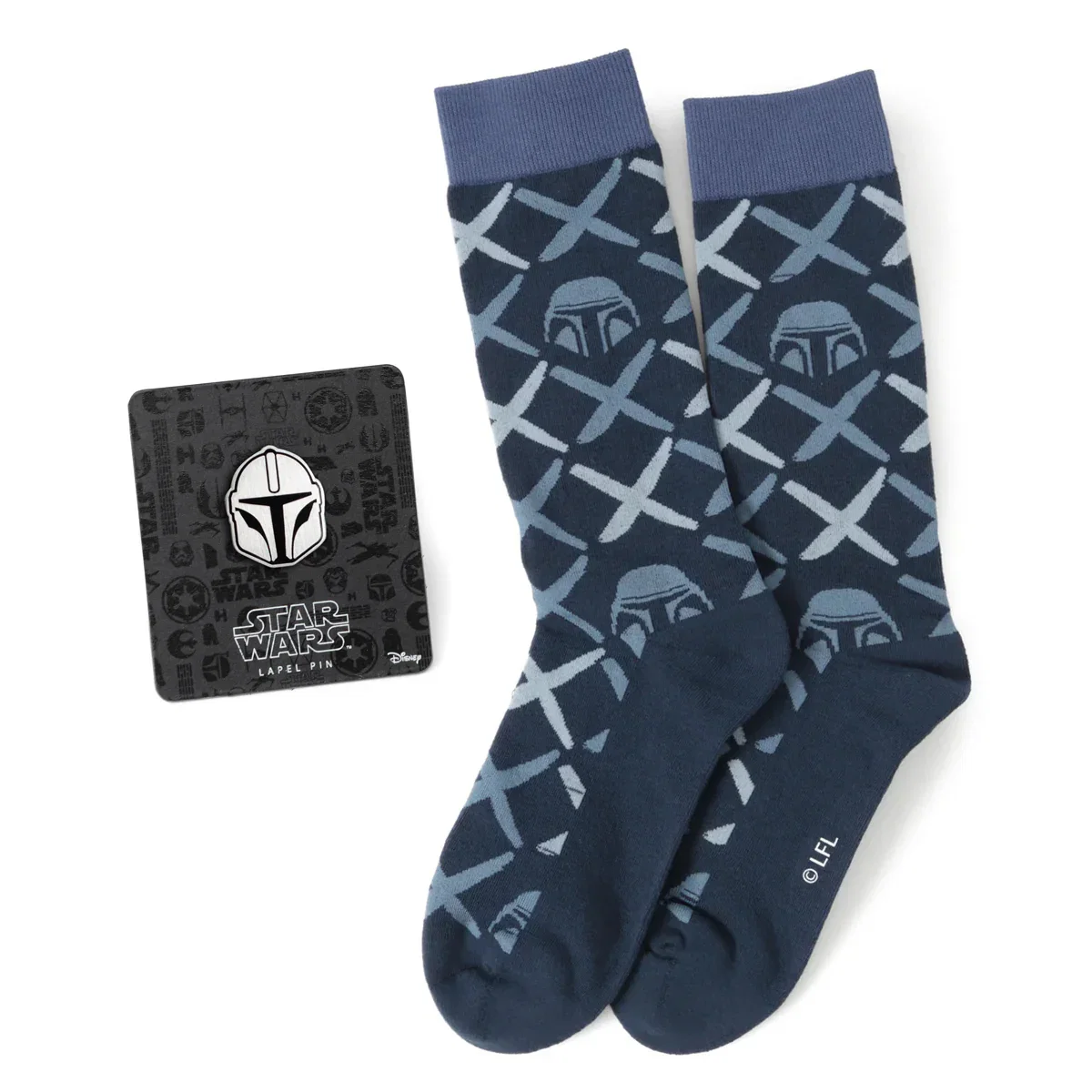 Image of Star Wars Mandalorian Navy Checkered Dress Socks and Lapel Pin Gift Set