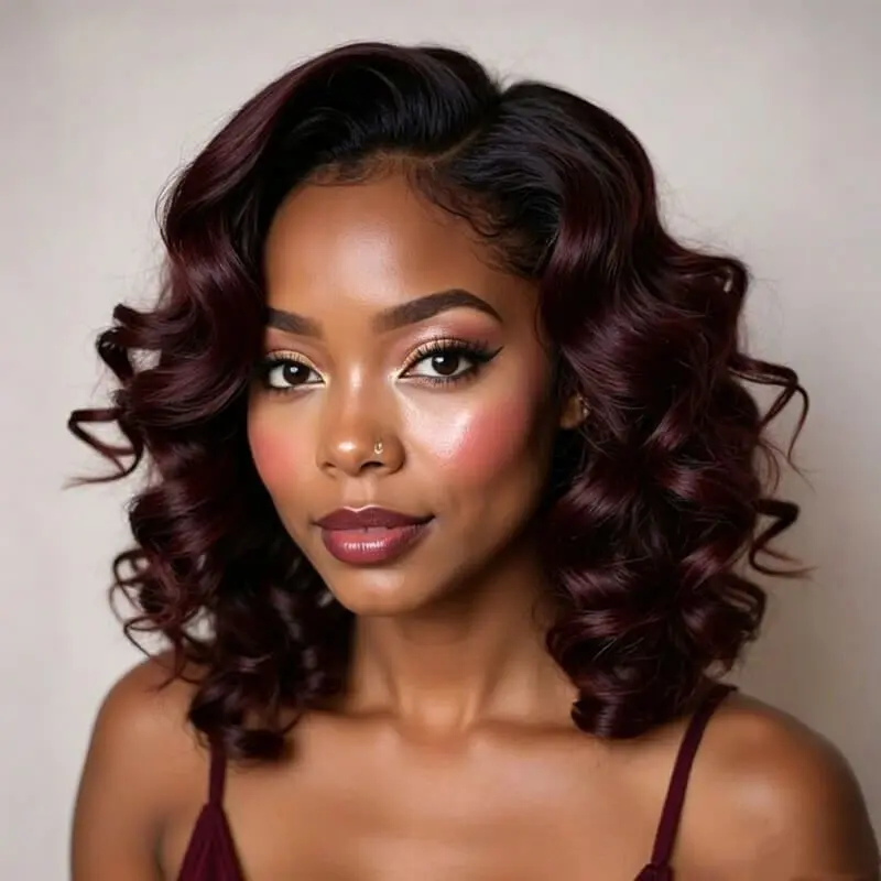Glueless Ombre Burgundy Wave Bob Wigs with Side Part Human Hair Wigs