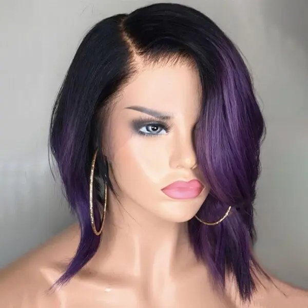 Designer Violet Purple Bob Wigs With Side Part Lace Front Human Hair Wigs