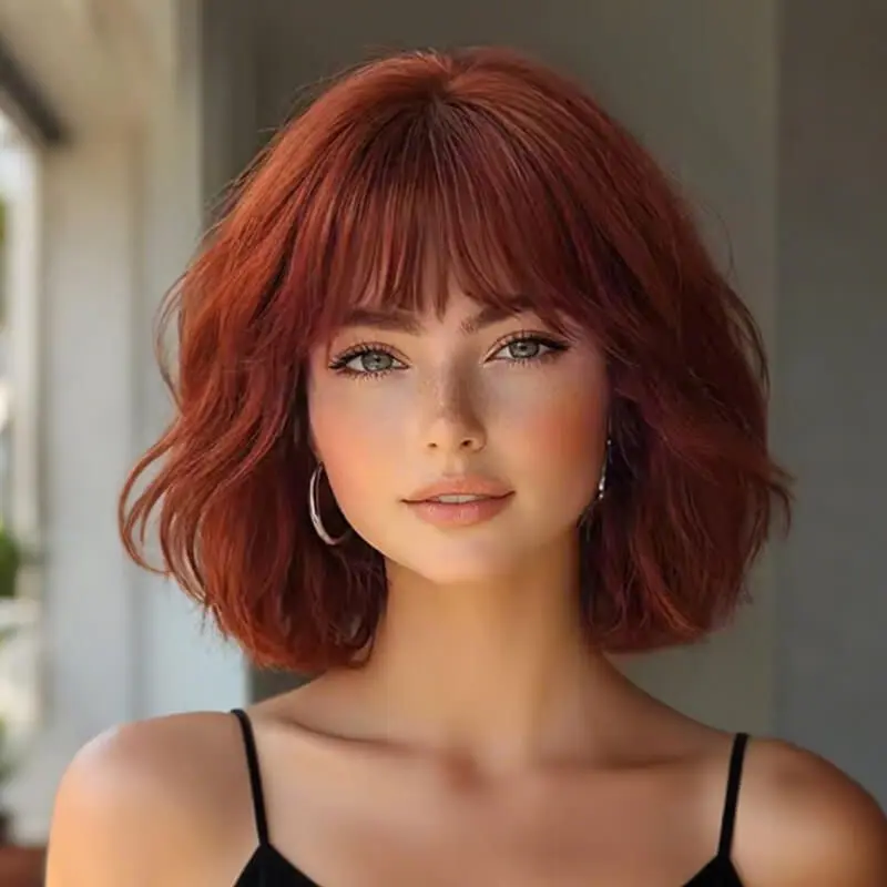 Honey Blonde Highlights Bob Wigs With Bangs Lace Front Glueless Human Hair Wigs
