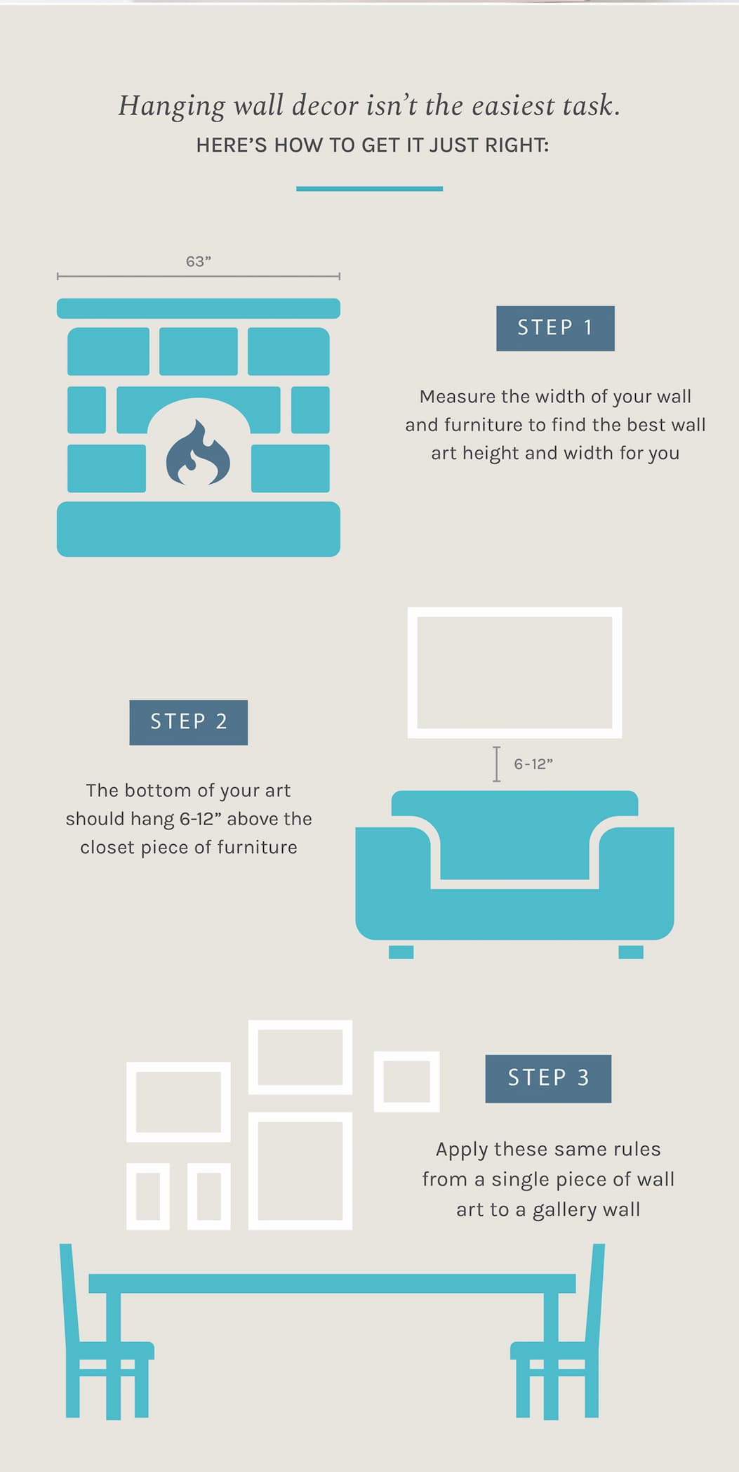 Hanging wall decor isn’t the easiest task. Here’s how to get it just right:  Measure the width of your wall and furniture to find the best wall art height and width for you The bottom of your art should hang 6-12” above the closet piece of furniture Apply these same rules from a single piece of wall art to a gallery wall