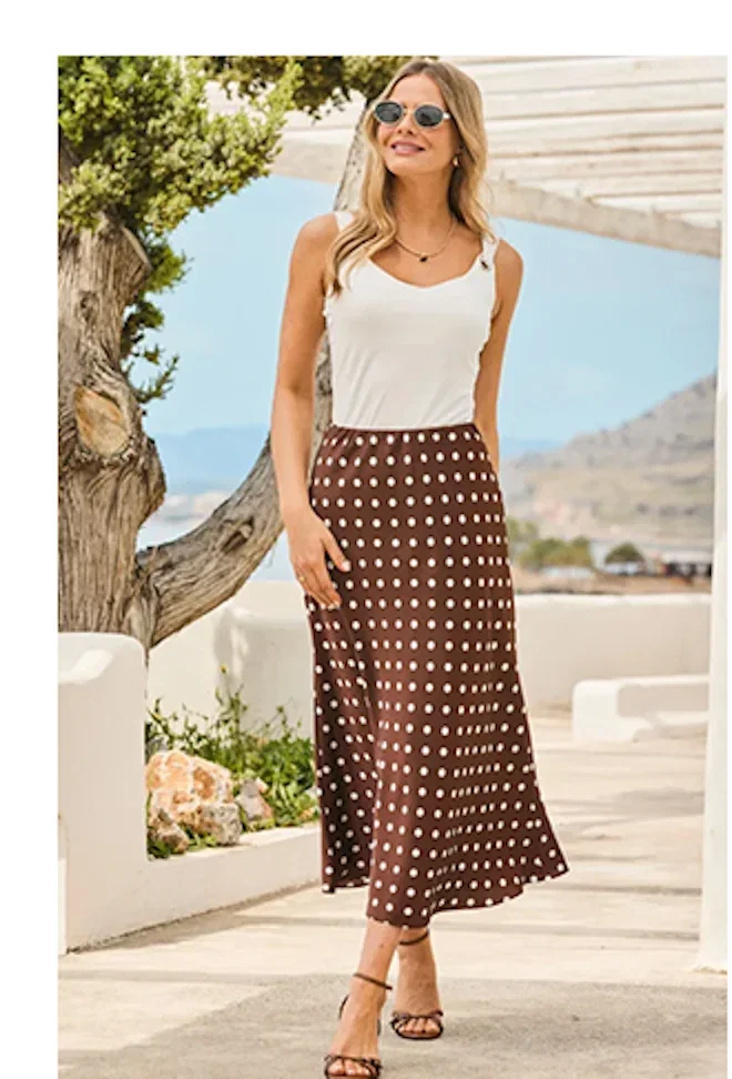 Chocolate Brown Polka Dot Print Satin Skirt