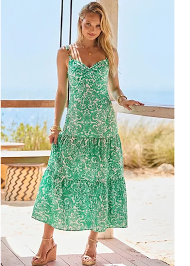 Green Paisley Print Linen Blend Split Hem Midaxi Dress