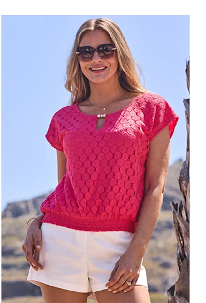 Coral Crochet Shirred Hem Keyhole Detail Top