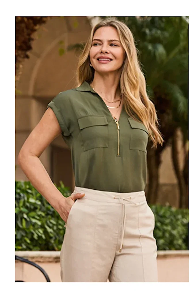 Khaki Green Zip Front Tunic Top