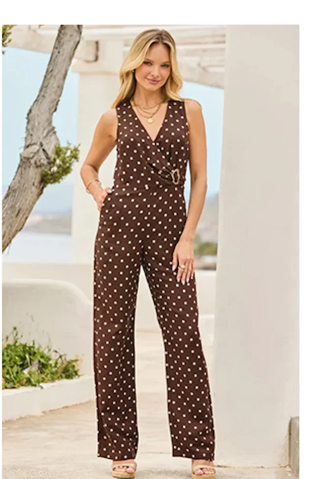Brown Polka Dot Linen Blend Jumpsuit