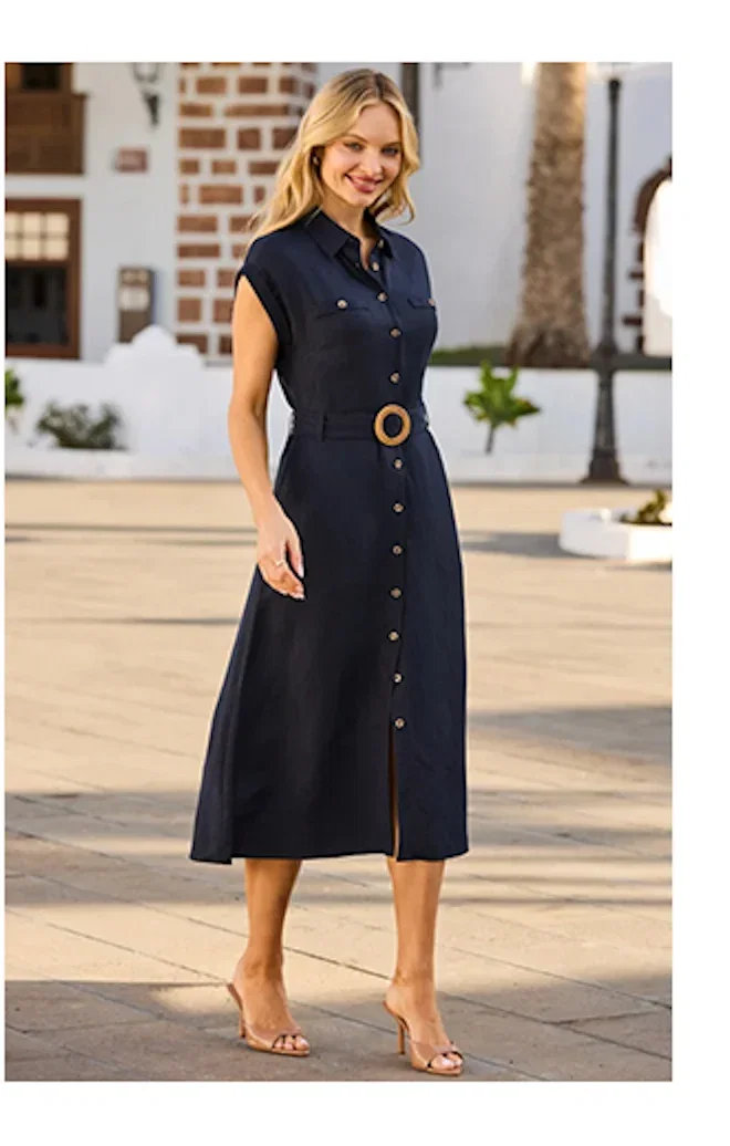 Navy Blue Linen Blend Rattan Belted Shirt Dress