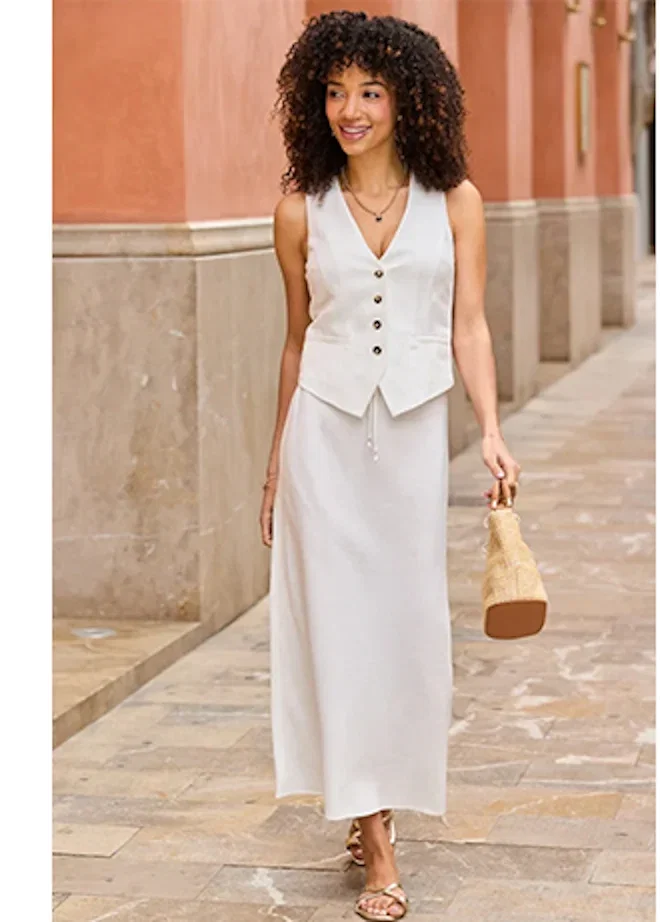 Ivory Linen Blend Drawstring Midi Skirt