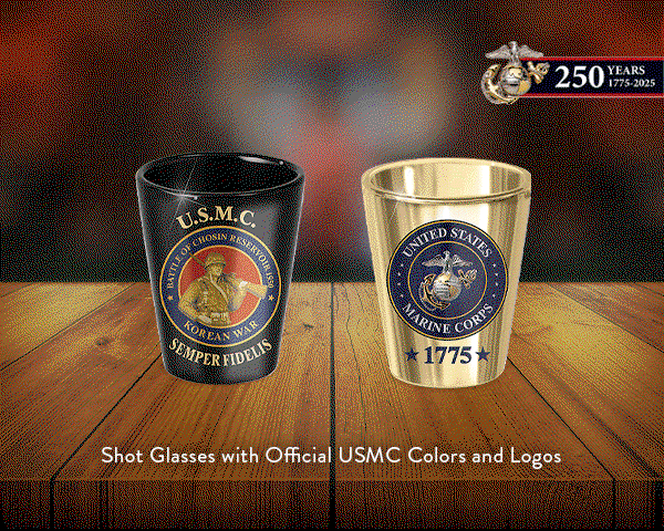 Images of USMC Shot Glasses; NFL Decanter and Glasses Set, John Wayne Sculpted Tap Handles