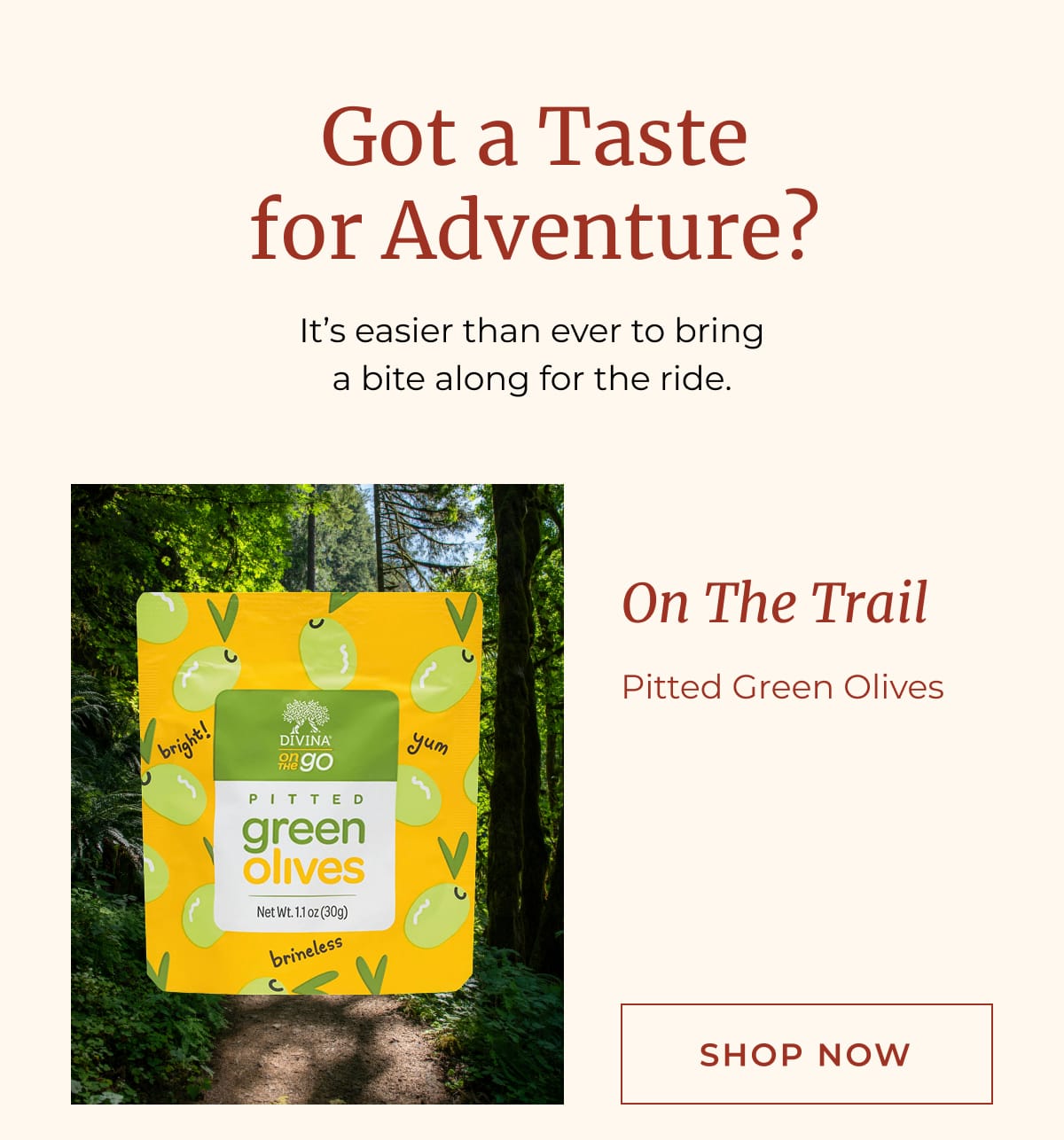 Got a Taste for Adventure? | It’s easier than ever to bring a bite along for the ride. | On The Trail: Pitted Green Olives | [ SHOP NOW ]