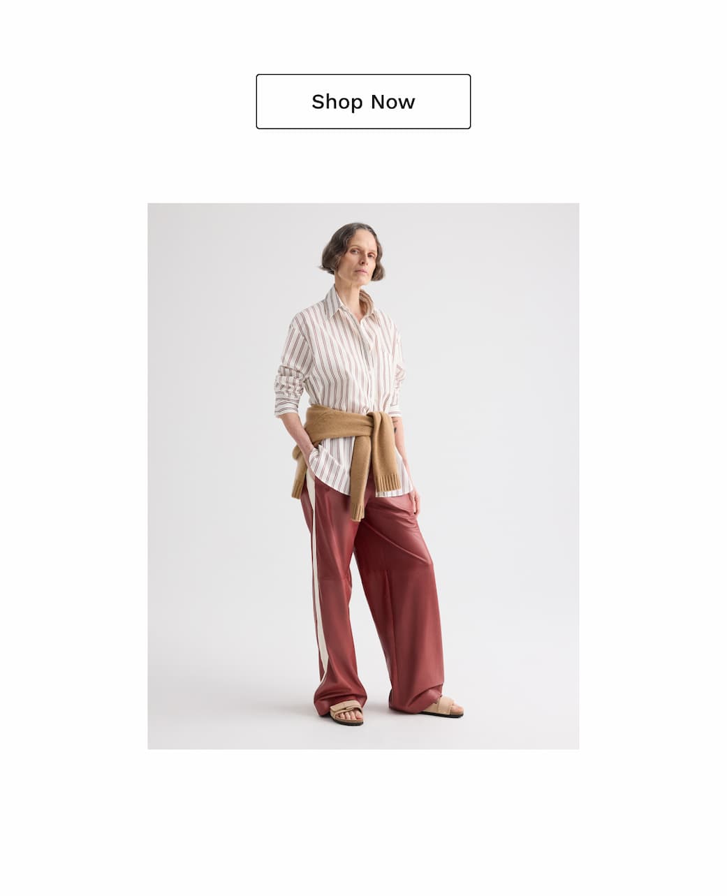 Black box that says, "Shop Now" followed by an image of a model in a striped top and red pants.