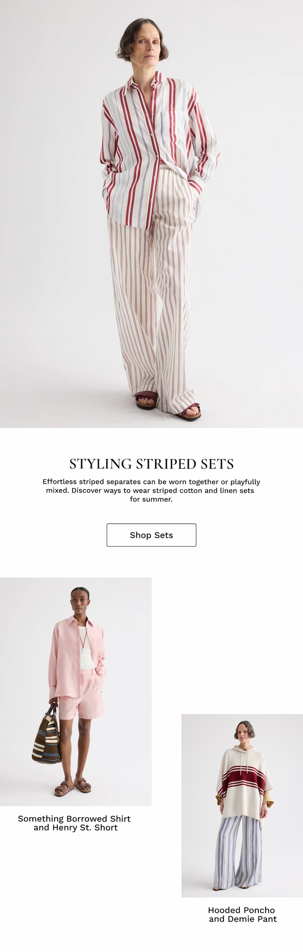 Image of a model in a striped outfit followed by black text and two more images of models in striped outfits.
