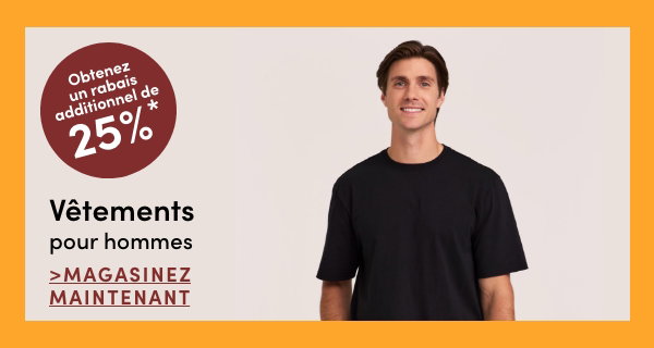 Vêtements pour hommes, obtenez 25 % de rabais