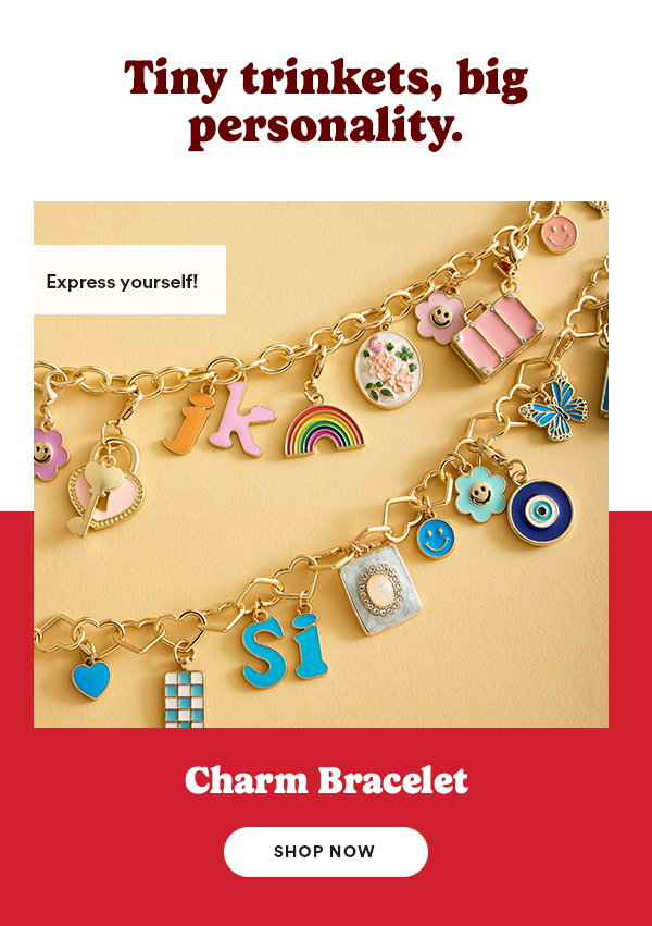 Tiny trinkets, big personality. Express yourself! Charm Bracelet Shop Now