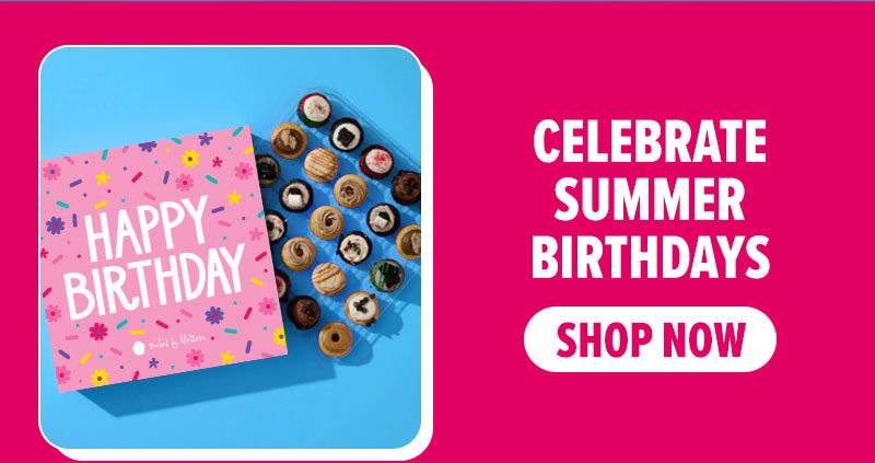 Celebrate summer birthdays! Shop our pink happy birthday gift box cupcake 25-pack now.