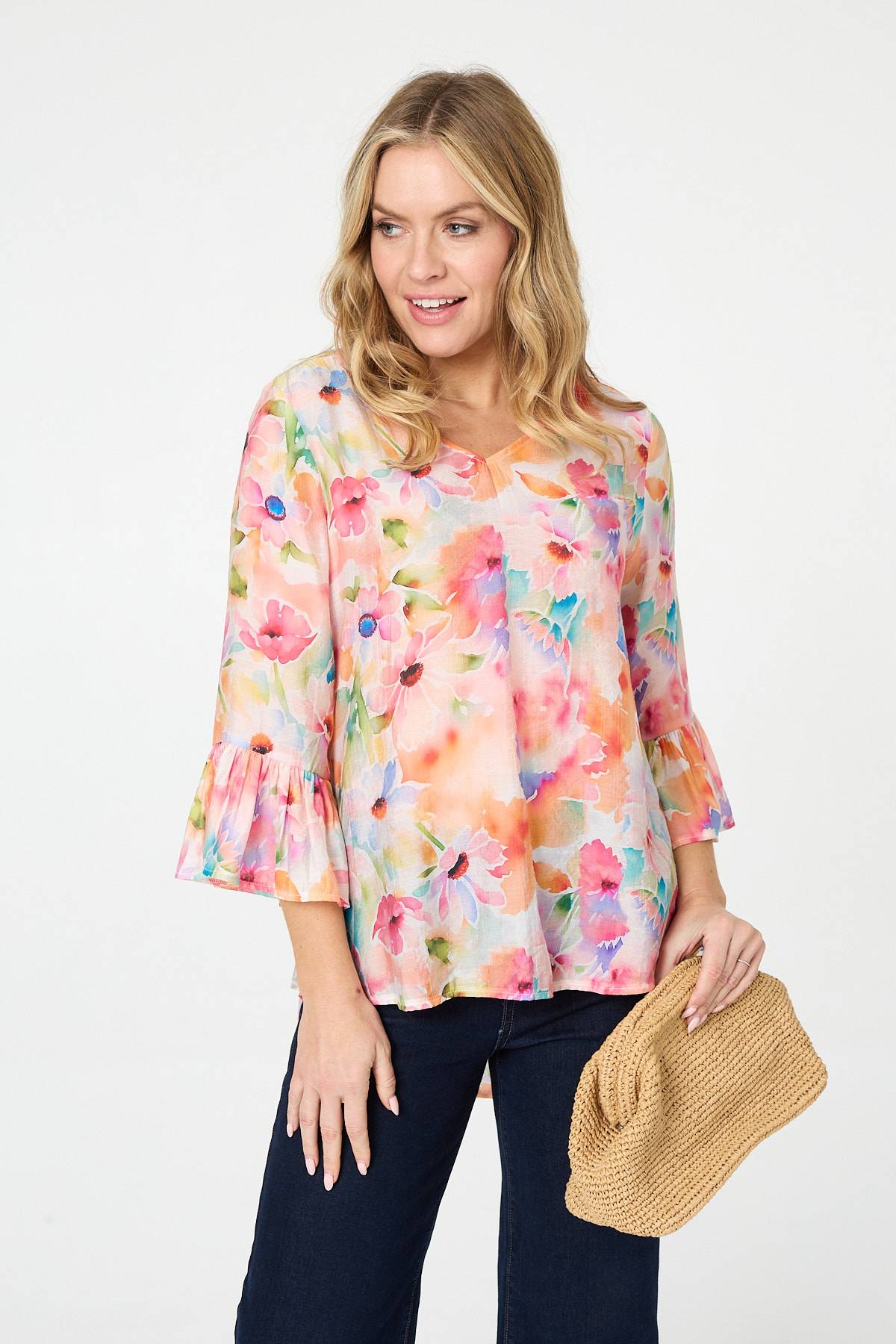 Floral 3/4 Flare Sleeve Relaxed Blouse