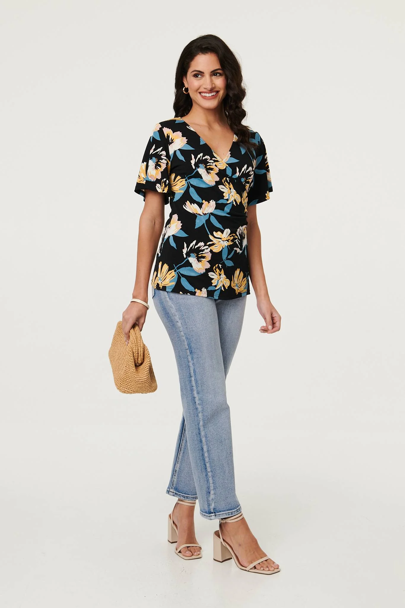 Floral Short Angel Sleeve Wrap Front Top
