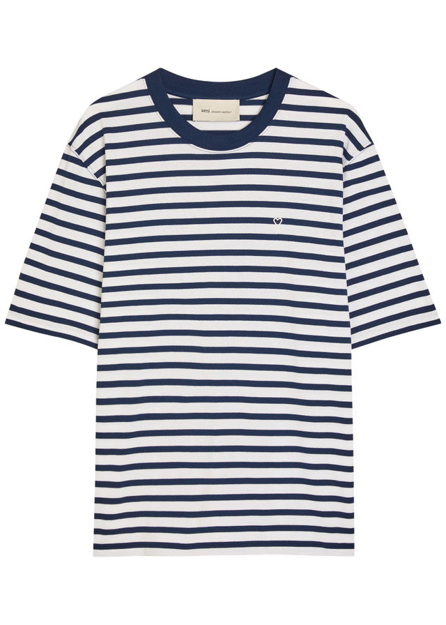 AMI PARIS Striped logo-embroidered cotton T-shirt