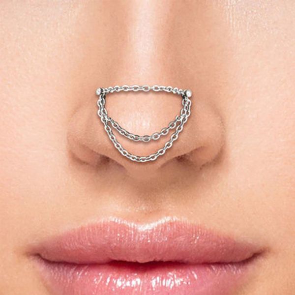Connector Chain Set Jewels Nose Ring Stainless Steel CZ Nose stud Box Chain Piercing Jewelry