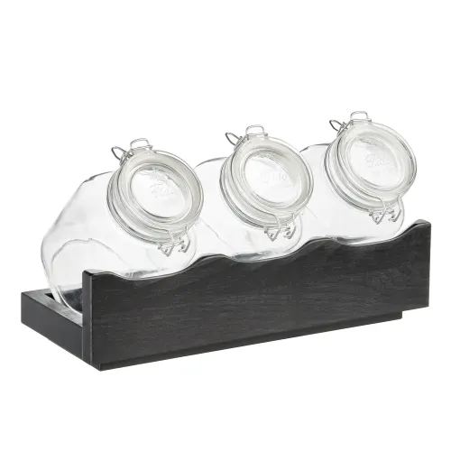 Buffet-Ständer -GOOD MORNING- 4-teiliges Set: Holzständer inkl. 3 Gläser mit luftdichtem Klappdeckel