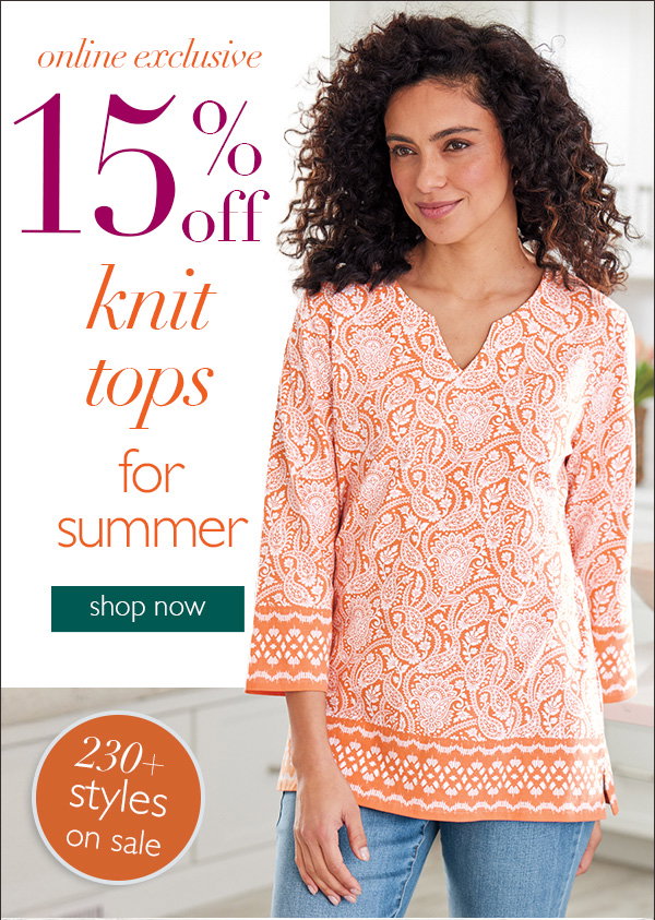 A marketing image that reads: 15% off knit tops for summer with a shop now button.