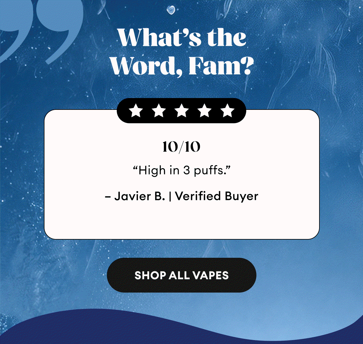 What's the Word, Fam? | 5 Star Reviews | 10/10 “High in 3 puffs.” – Javier B. | Verified Buyer | Hitter “Woke up the next day still feeling high. Smacks.” - Saphikaya C. | Verified Buyer | Awesome Effects! “Very potent and very relaxing. Worth every penny.” – Kurtis K. | Verified Buyer | Shop All Vapes 