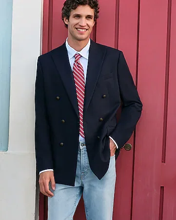 Classic Navy Herringbone Double Breasted Novelty Button Blazer