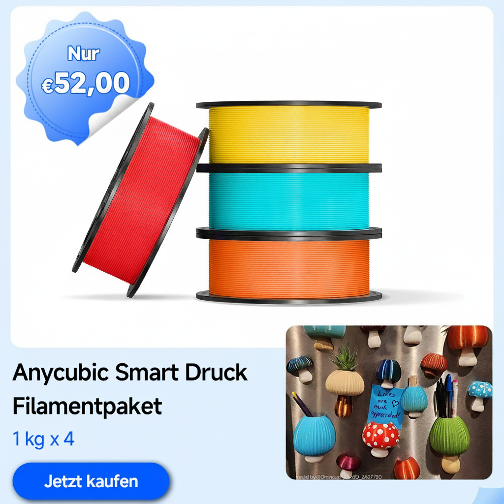 3D printer filament spools and mushroom-shaped magnets.