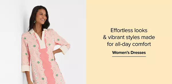 Effortless and flowy looks made for all-day comfort. Shop womens dresses. A woman in a pink dress.