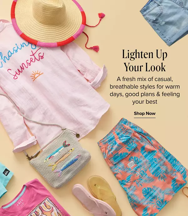 Lighten up your look. A fresh mix of casual, breathable tyles for warm days, good plan and feel your best. Shop all. A different shirts, shorts, sandals and accessories on a table.