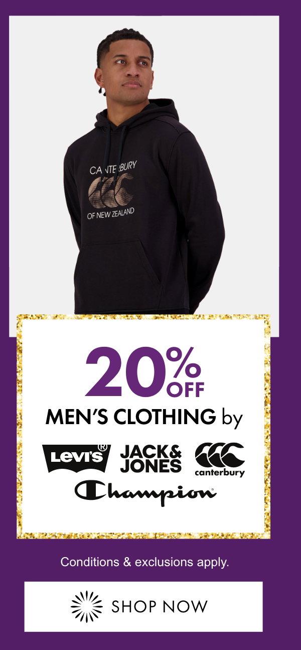 20% OFF Men's Clothing by Levis, Jack & Jones, Canterbury & Champion
