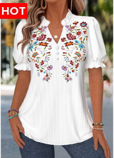White Floral Print Curved Hem Short Sleeve Blouse