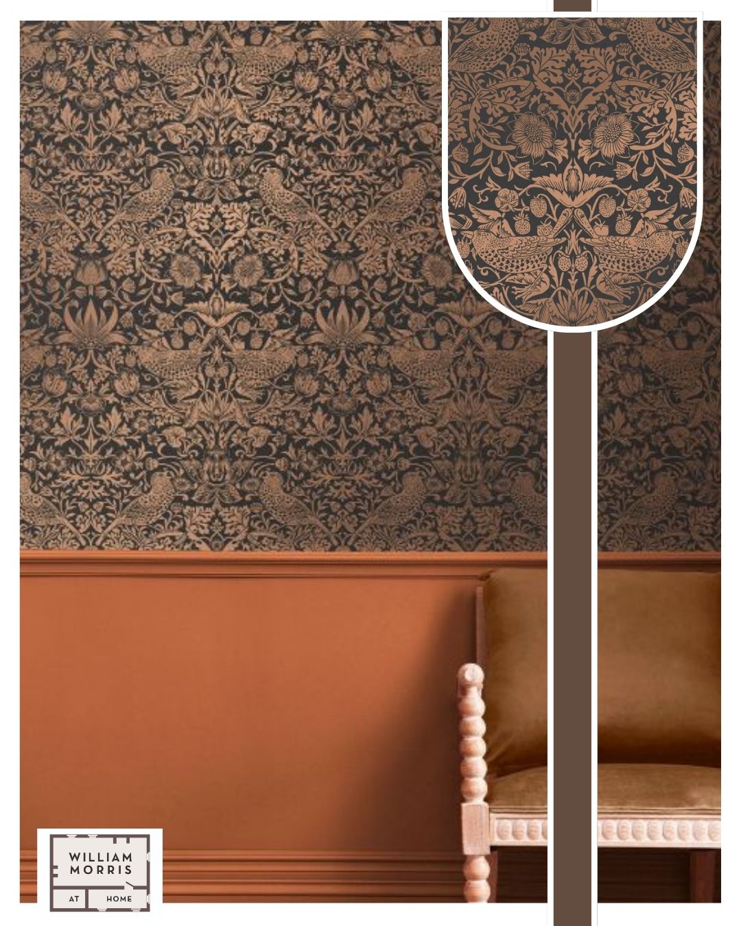 William Morris At Home Strawberry Thief Fibrous Wallpaper Charcoal / Copper 124236
