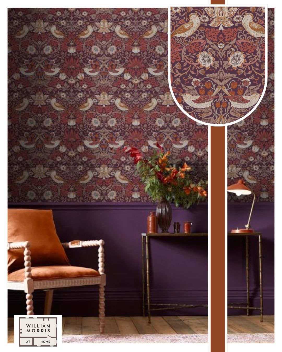 William Morris At Home Strawberry Thief Wallpaper Plum 124229