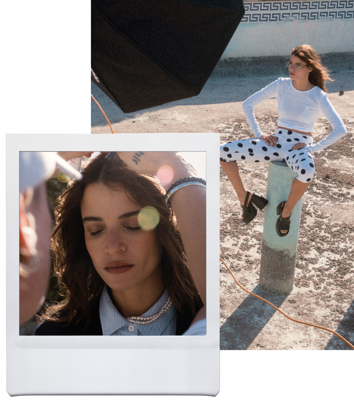 Collage showing a model in polka dot pants and black platform sandals, seated outdoors and featured in a close-up photoshoot moment.
