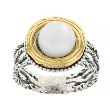 Cultured Freshwater Pearl Two-Tone Sterling Silver & 14K Gold Over Silver Textured Ring, 8.5-9mm