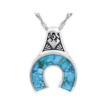 Free Form Blue Composite Turquoise Sterling Silver Horseshoe Inlay Pendant With 18\"L Chain