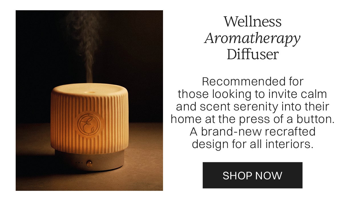 image of wellness aromatherapy diffuser. Recommended for those looking to invite calm and scent serenity into their home at the press of a button. A brand-new recrafted design for all interiors.