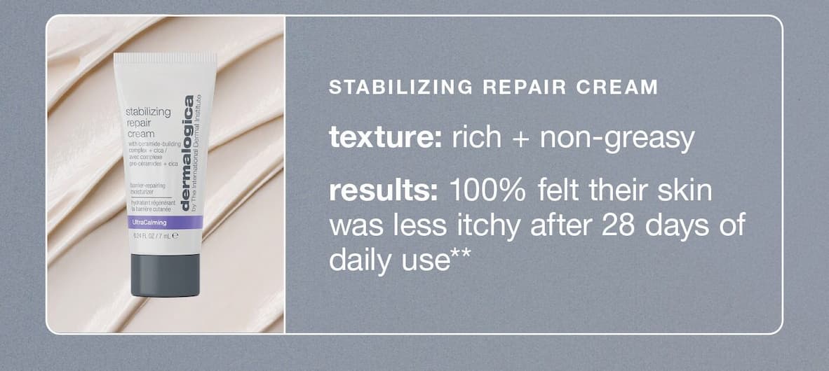 stabilizing repair cream​  texture: rich + non-greasy​  results: 100% felt their skin was less itchy after 28 days of daily use**
