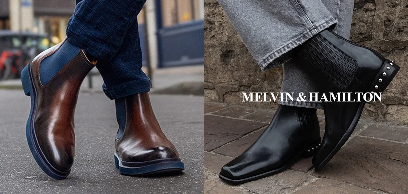 Bruine leren enkellaars met blauw elastisch inzetstuk, gecombineerd met donkere jeans; zwarte leren chelsea-laars met geribbelde zijkant en studs, gecombineerd met grijze jeans.