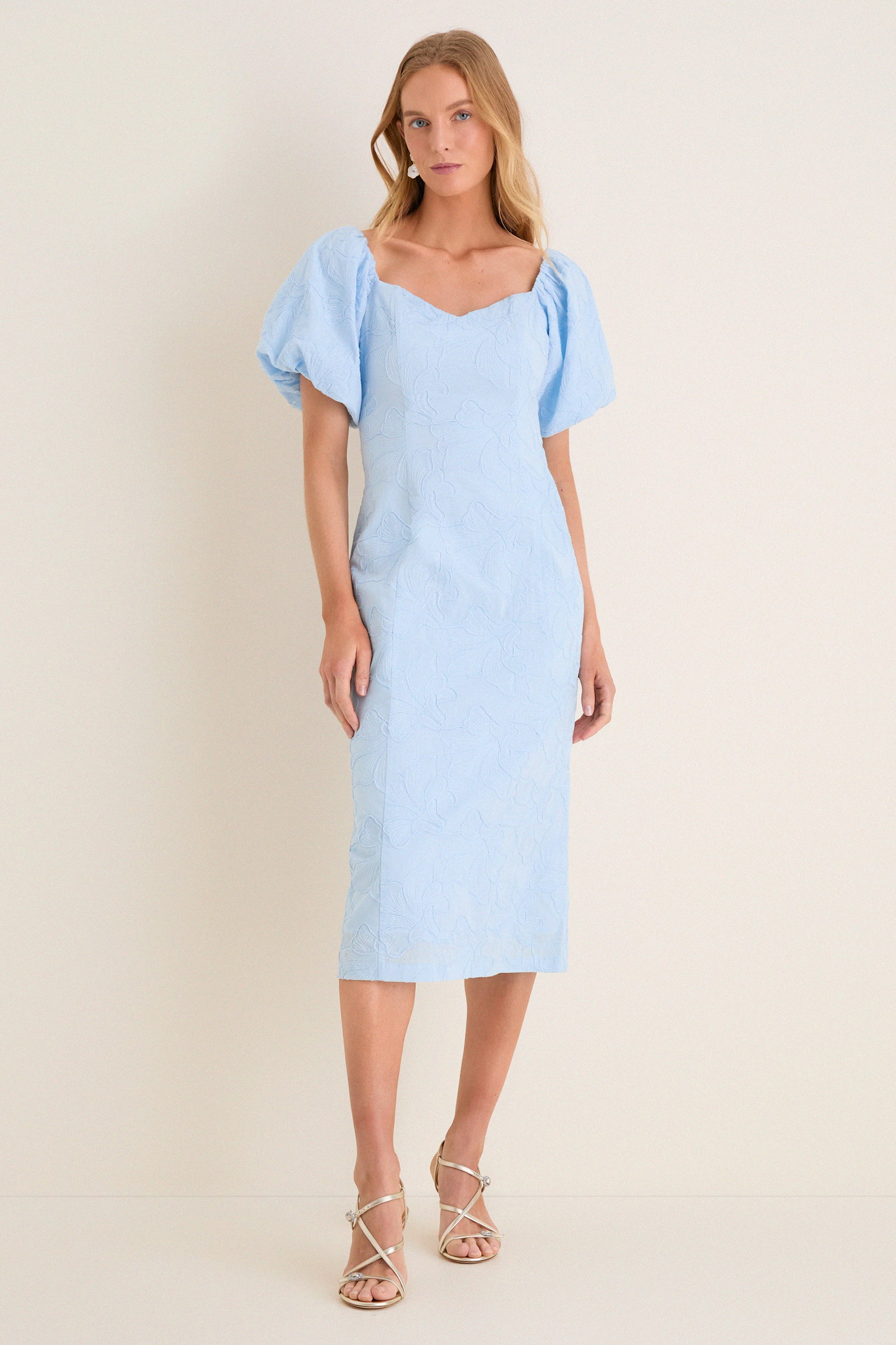 Image of Pale Blue Embroidered Ginkgo Leaf Sallie Midi Dress