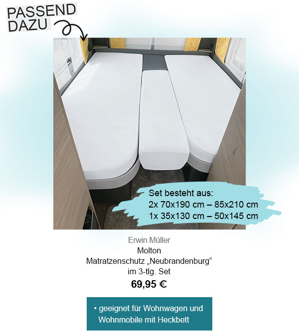 Erwin Müller Molton Matratzenschutz "Neubrandenburg" im 3-tlg. Set 69,95€! Geeignet für Wohnwagen und Wohnmobile mit Heckbett. Set besteht auf: 2x 70x190cm - 85x210cm. 1x 35x130cm - 50x145cm. 