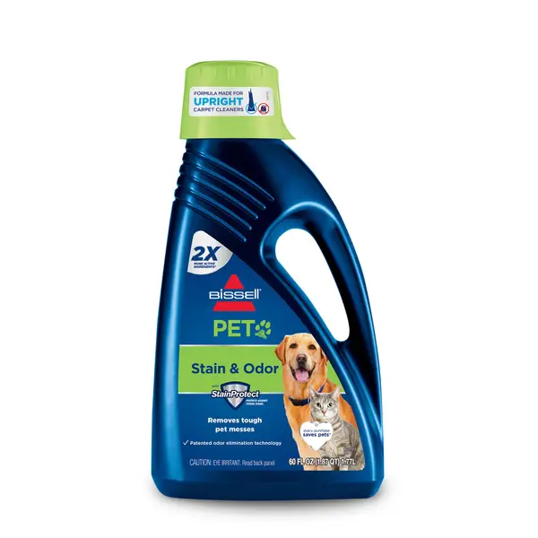 Blue bottle of Bissell 2X Pet Stain & Odor Remover Carpet Cleaner