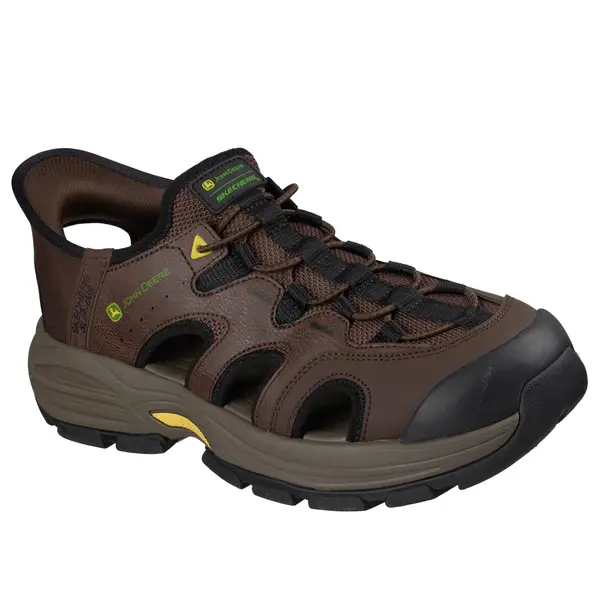 Image of brown sandal with the John Deere Logo and Sketchers Logo