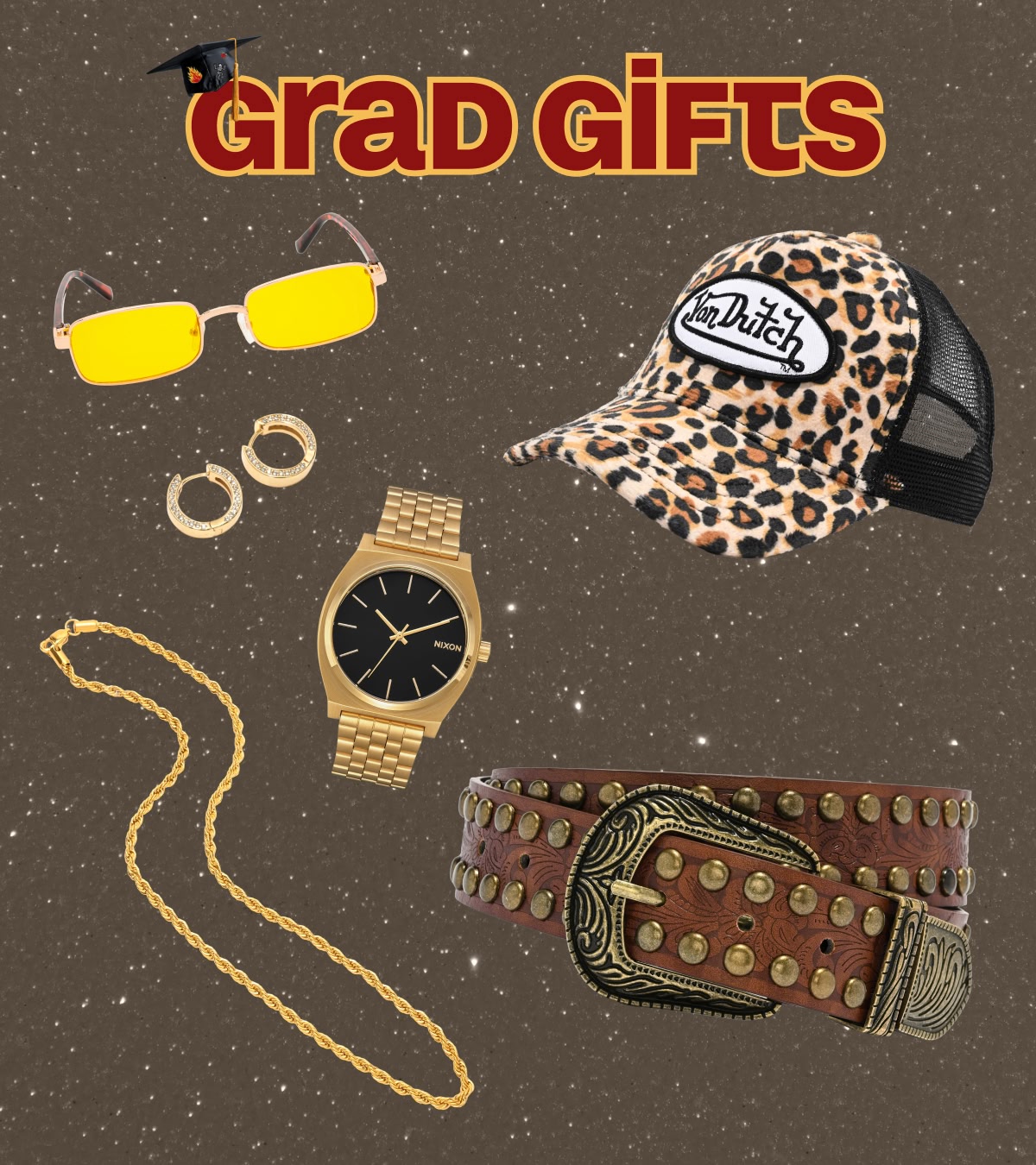 Get a Grad Gift, including hats, belts, chains and more