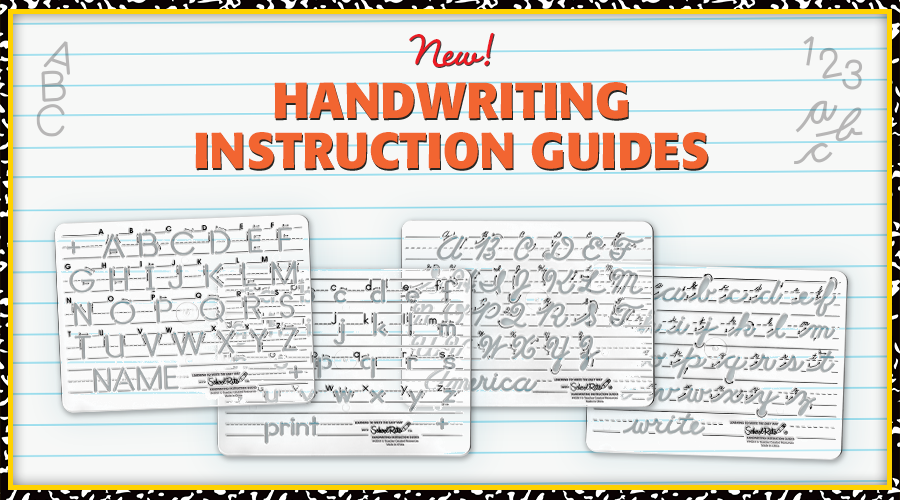 image shows a lined paper background, with images of clear handwriting guides shown, with uppercase letters and lowercase letters in both print and cursive versions. Text overlay reads: New! Handwriting Instruction Guides