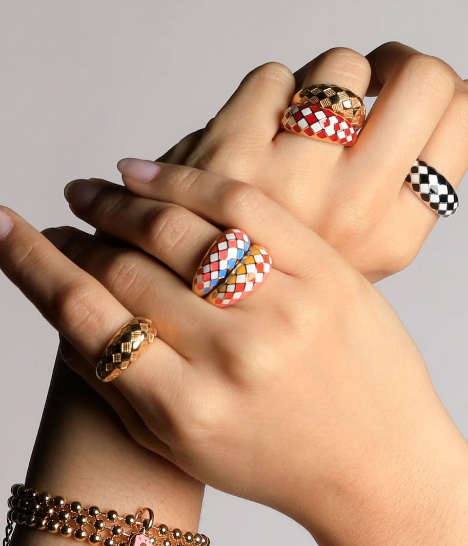 Woman wearing Rellery checker rings