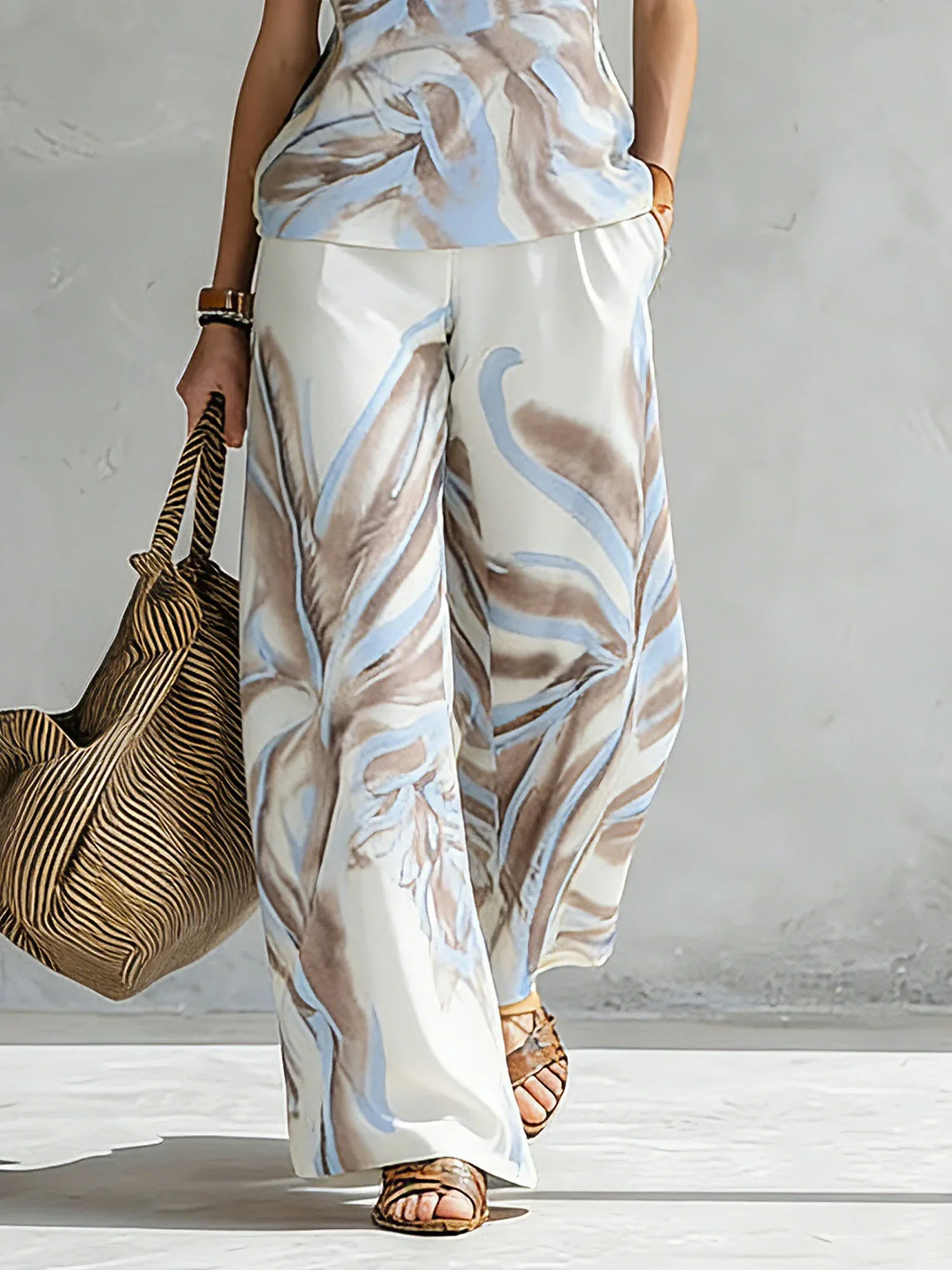 Image of Vacation Botanical Pattern Printing Wide Leg Pants
