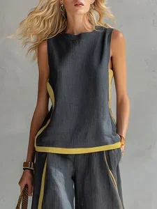 Image of Cotton And Linen Casual Color Block Crew Neck Tank Top