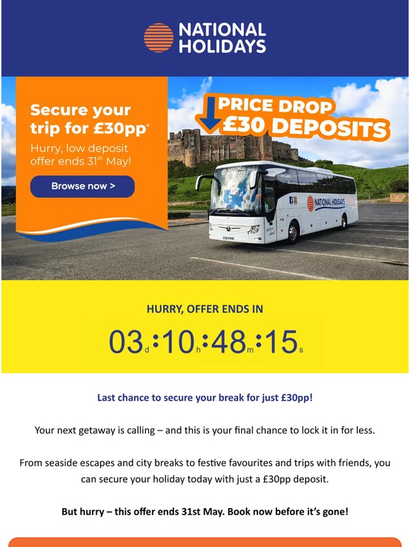 Last chance to secure your holiday for £30pp